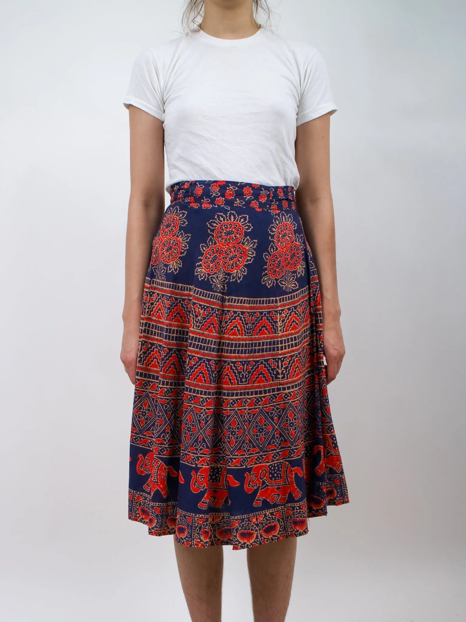 1970s Paisley Navy and Red Midi Wrap Skirt