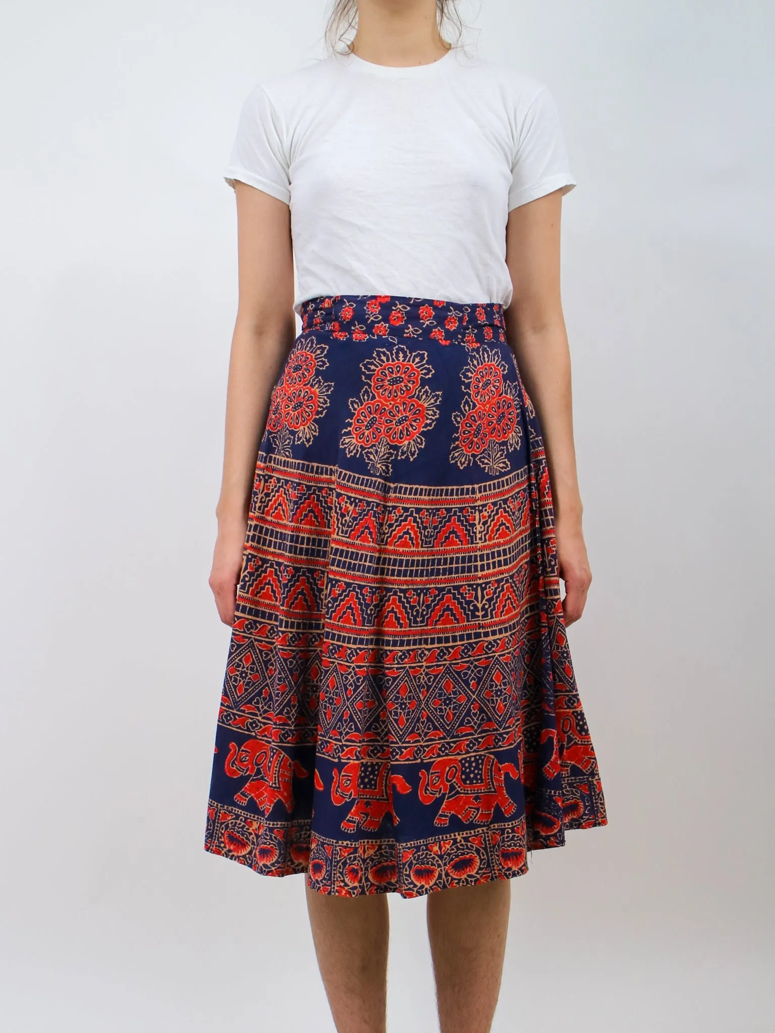 1970s Paisley Navy and Red Midi Wrap Skirt