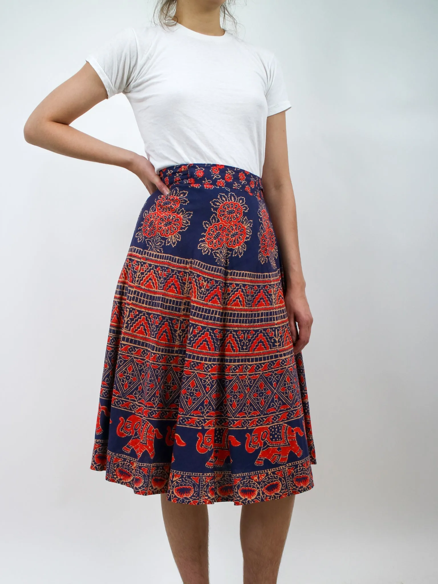 1970s Paisley Navy and Red Midi Wrap Skirt