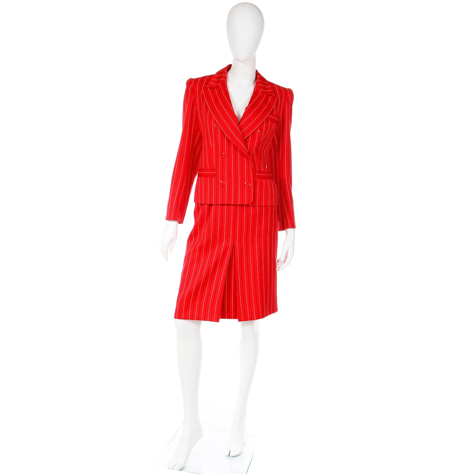 1980s Yves Saint Laurent Red & Navy Pinstriped Skirt & Jacket Suit