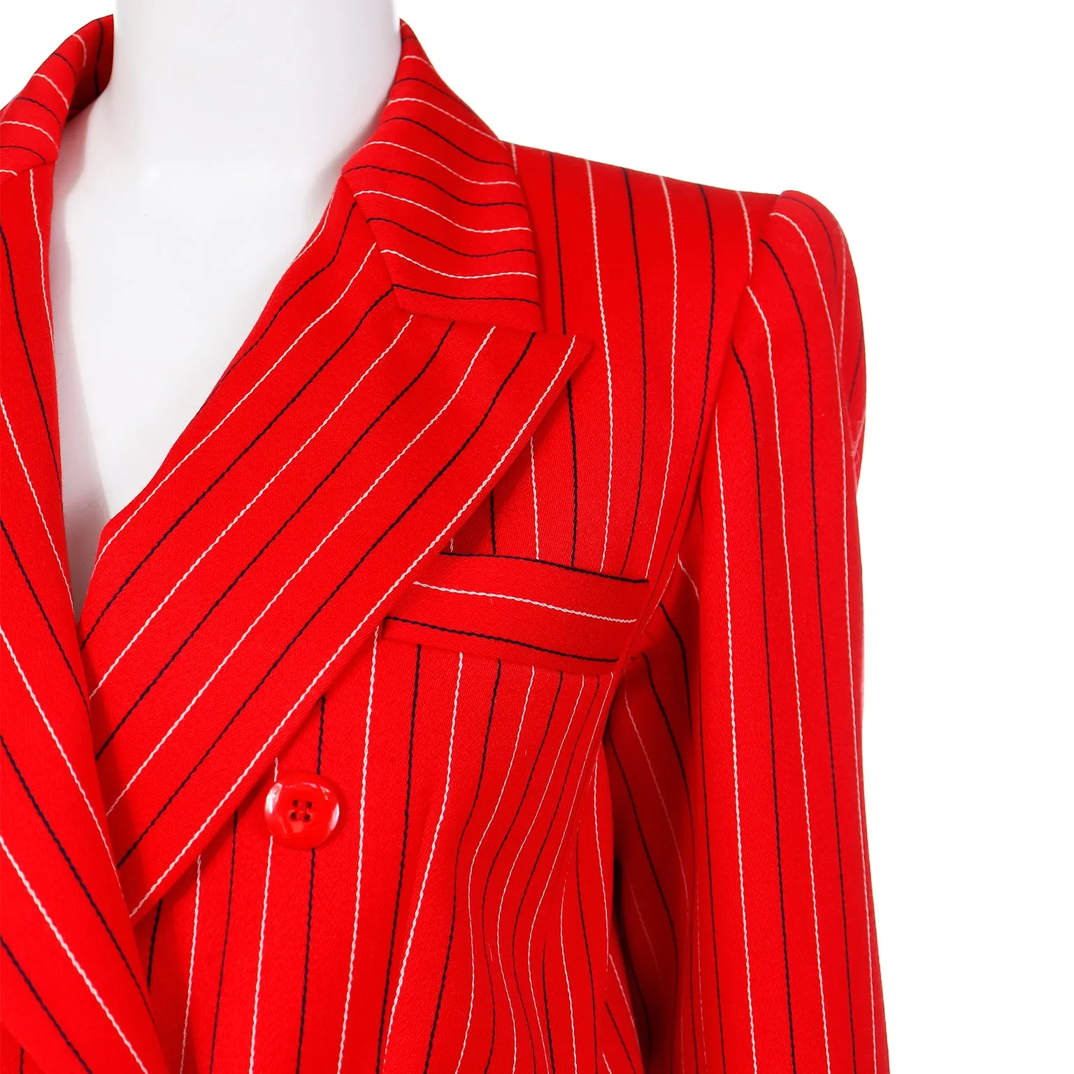 1980s Yves Saint Laurent Red & Navy Pinstriped Skirt & Jacket Suit