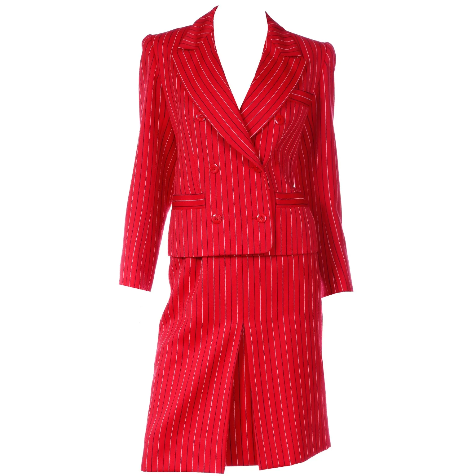 1980s Yves Saint Laurent Red & Navy Pinstriped Skirt & Jacket Suit