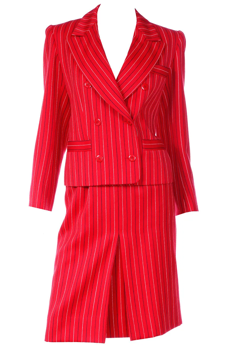 1980s Yves Saint Laurent Red & Navy Pinstriped Skirt & Jacket Suit