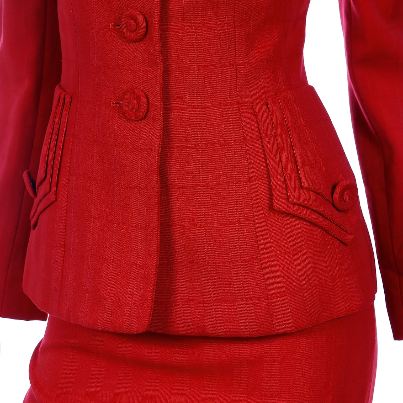 1988 Norma Kamali Windowpane Plaid Red Wool Suit w/ Lapel Cutouts