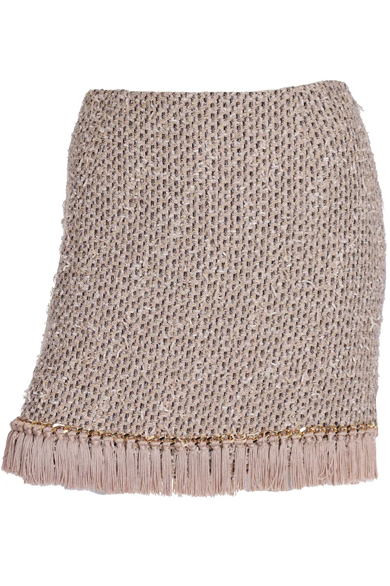 2000s Vintage Moschino Beige Woven Fringe Mini Skirt w Gold Chain