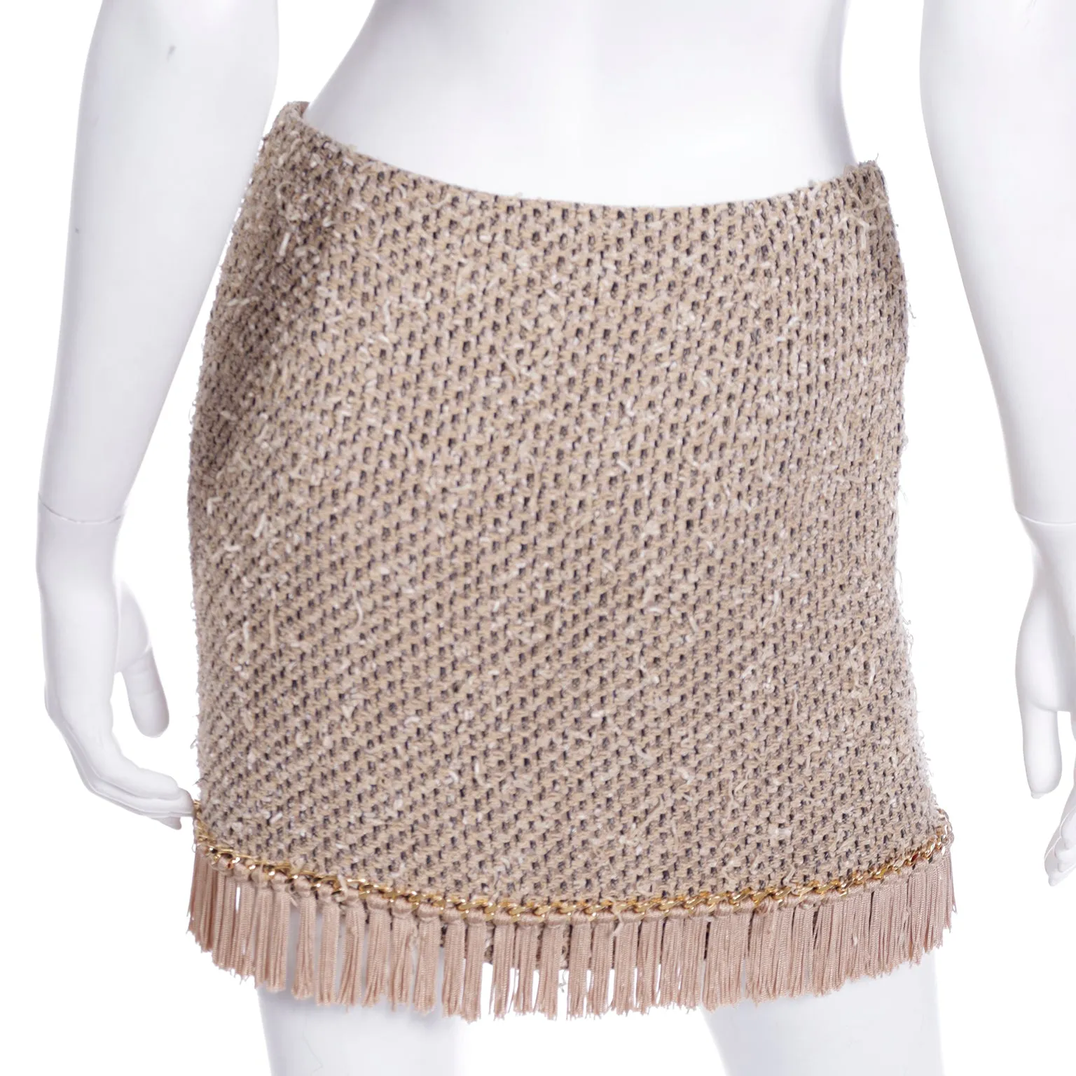 2000s Vintage Moschino Beige Woven Fringe Mini Skirt w Gold Chain