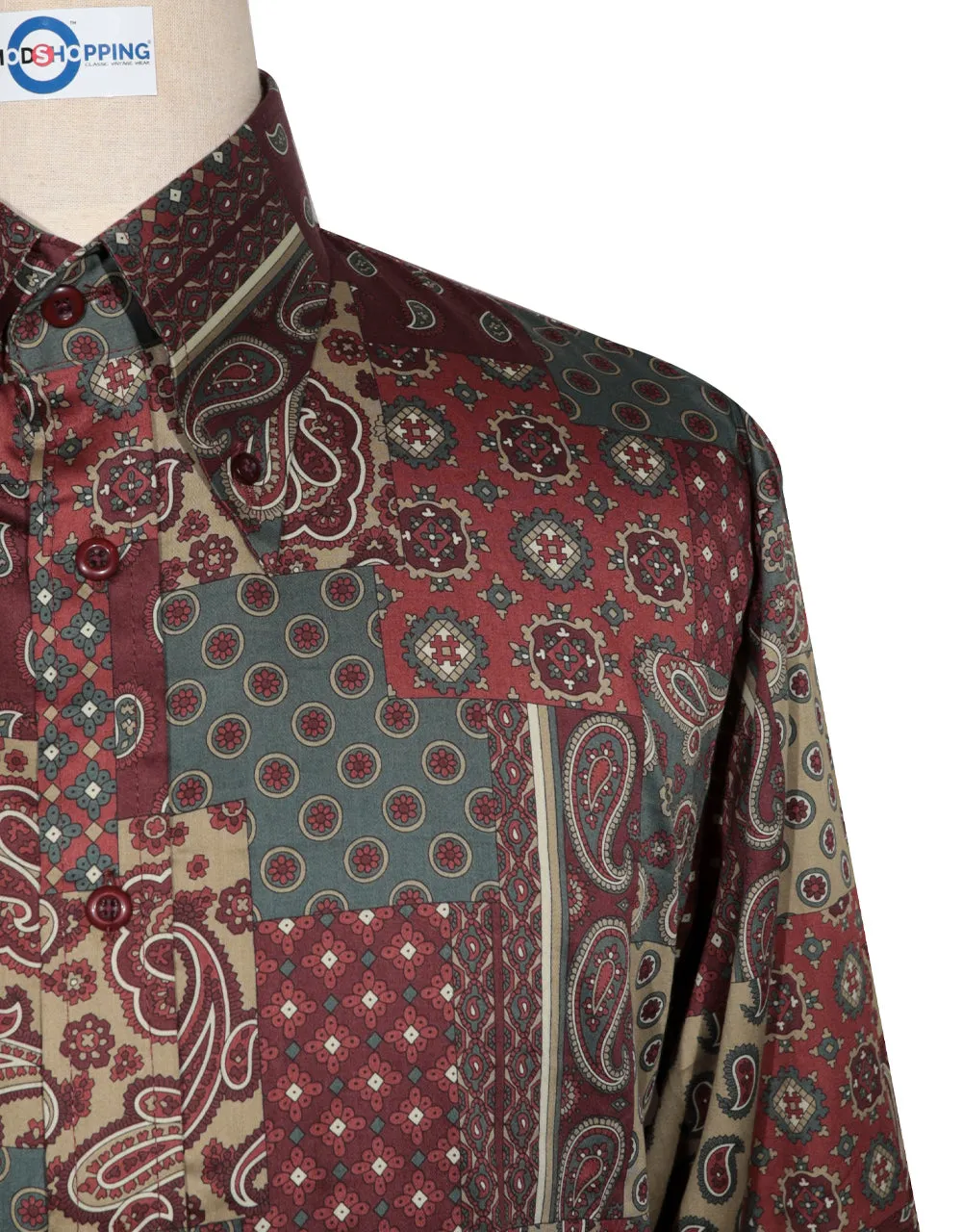 60s Style Burgundy, Khaki and Green Paisley  Shirt