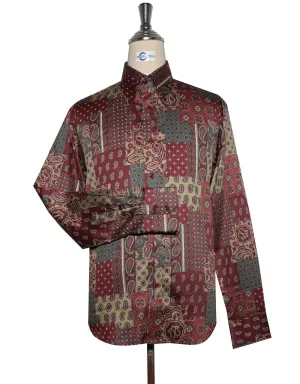 60s Style Burgundy, Khaki and Green Paisley  Shirt