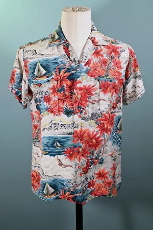 Aloha Screen Print Vintage 50s Rayon Hawaiian Shirt, Made in Japan M