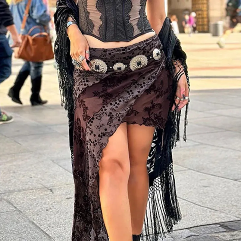 Asymmetrical Ruched Printed Bodycon Mesh Skirt Female Vintage Fashion Fringe Drawstring Sexy Party Skirt Mini Outfits