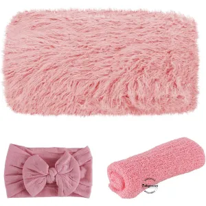 Babymoon Set of Fur Blanket (70x60cm), Wrap & Headband Photography Props - Pink