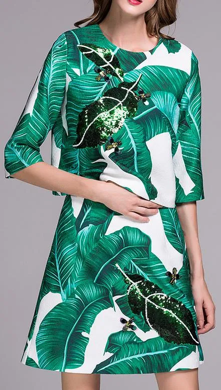 Banana Leaf Print Sequin Embellished Top & Skirt Set