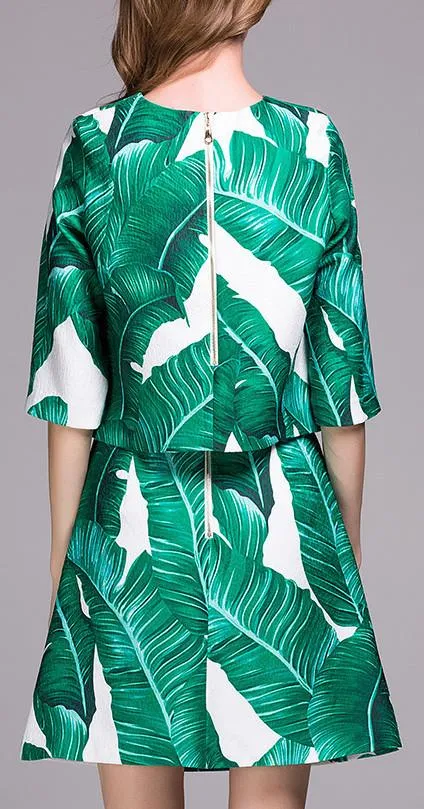 Banana Leaf Print Sequin Embellished Top & Skirt Set