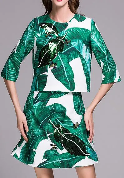 Banana Leaf Print Sequin Embellished Top & Skirt Set