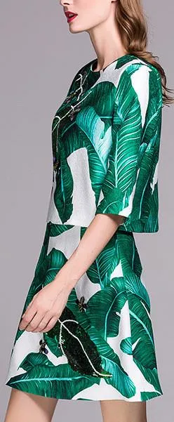 Banana Leaf Print Sequin Embellished Top & Skirt Set