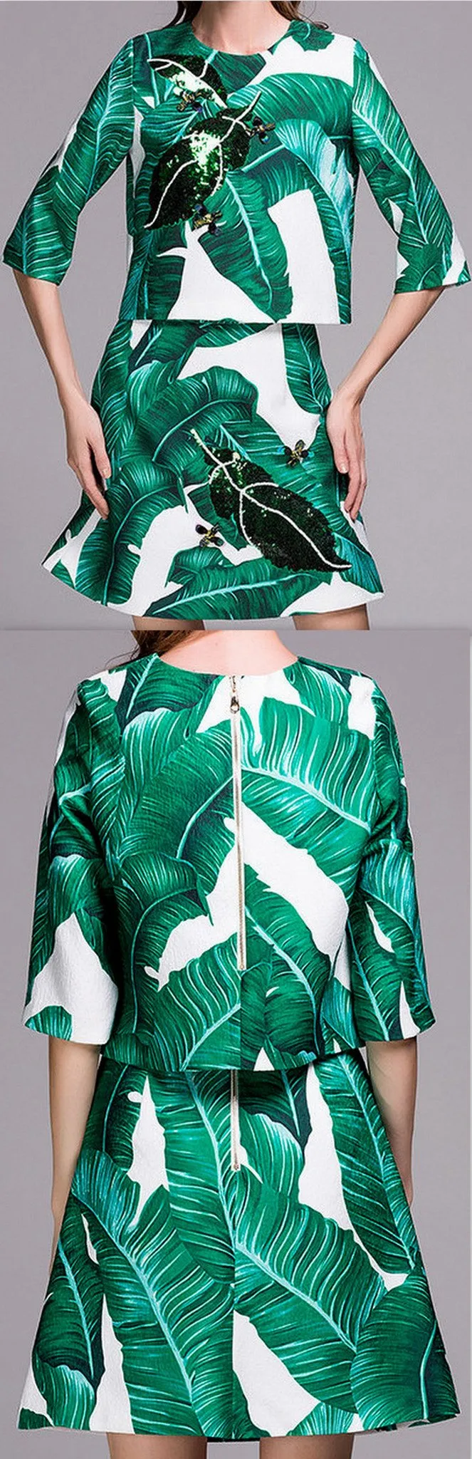 Banana Leaf Print Sequin Embellished Top & Skirt Set