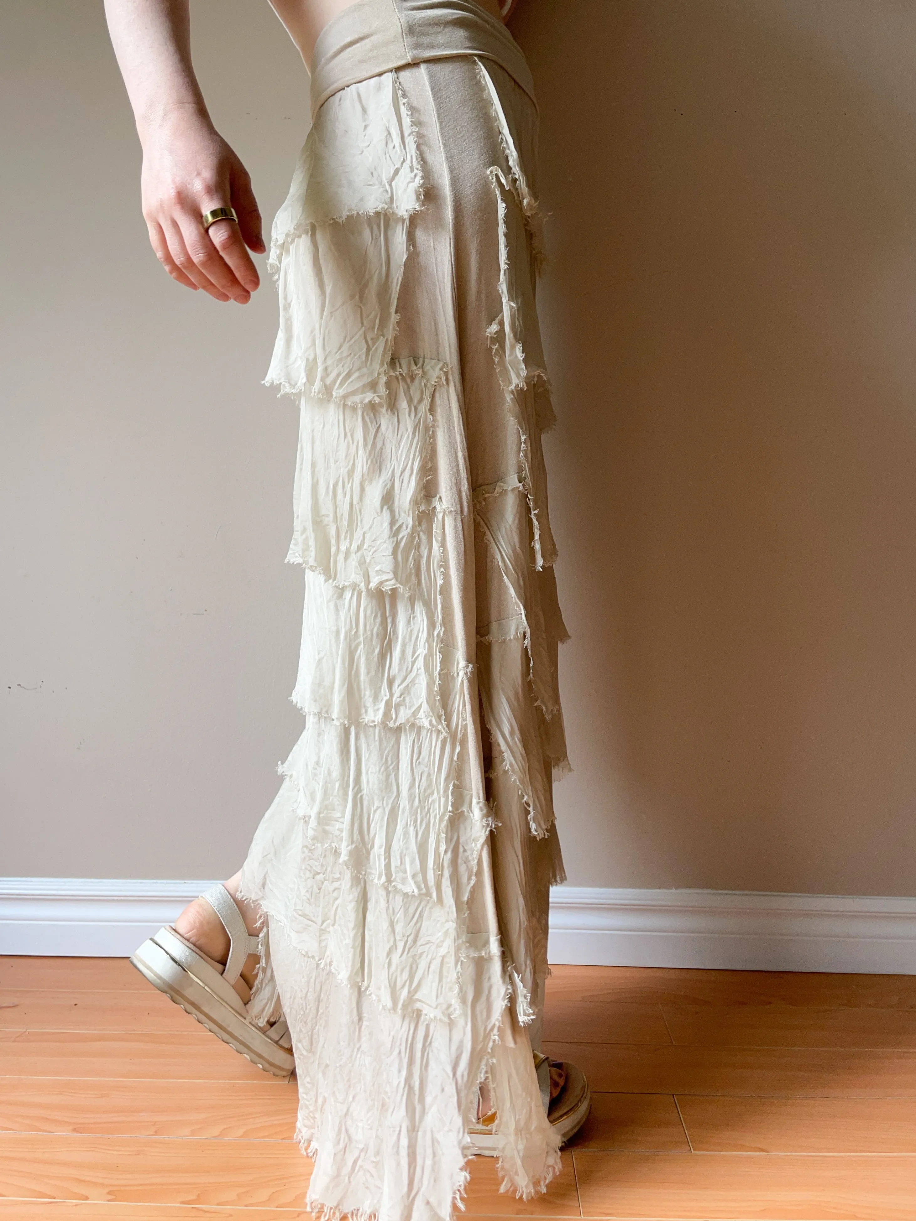 Beige Raw Fringe 100% Silk Maxi Skirt - S/M