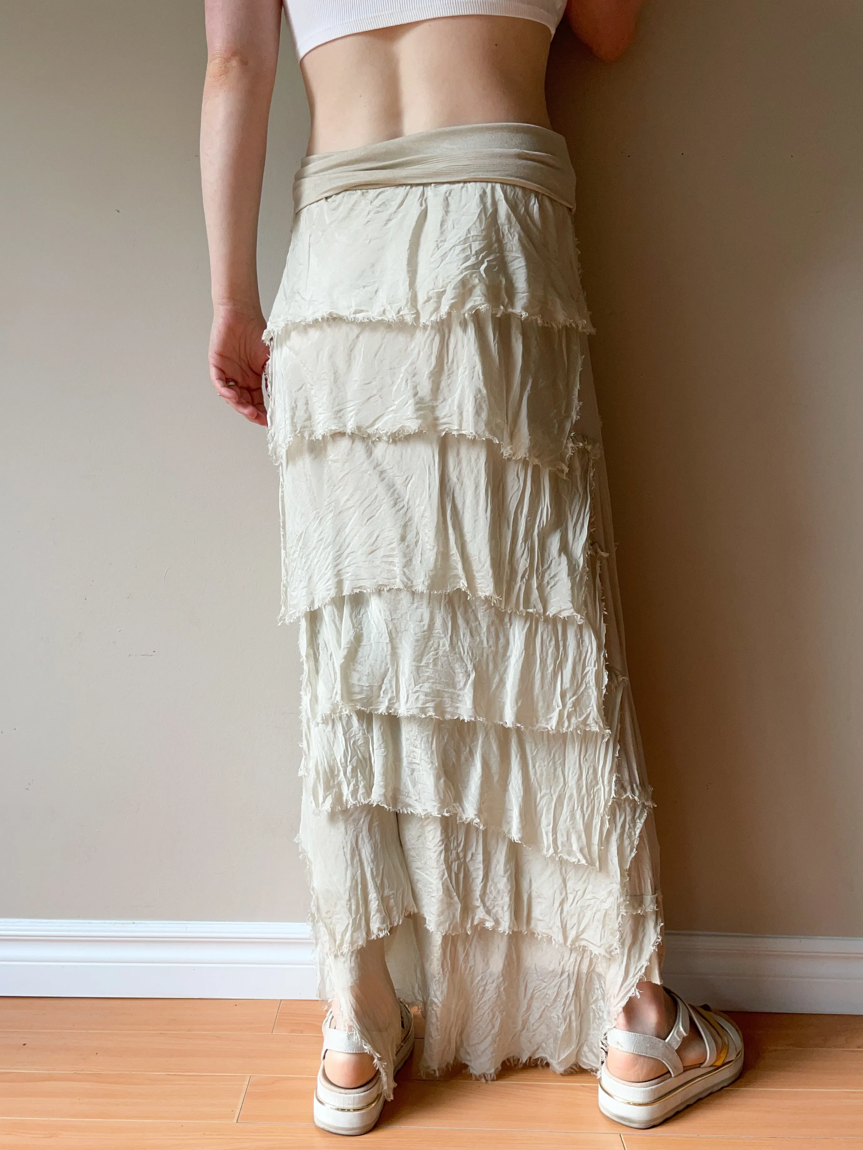 Beige Raw Fringe 100% Silk Maxi Skirt - S/M