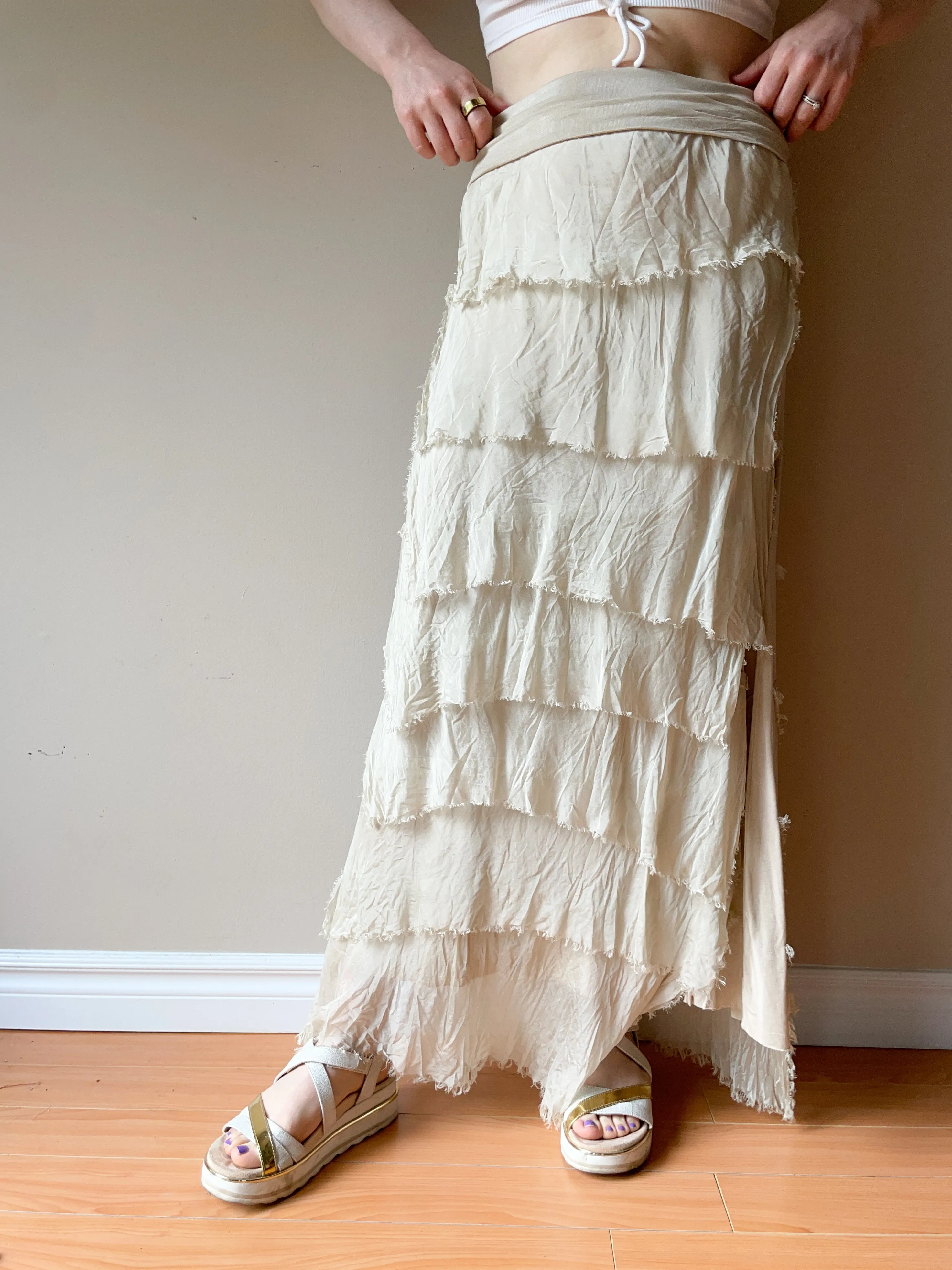 Beige Raw Fringe 100% Silk Maxi Skirt - S/M