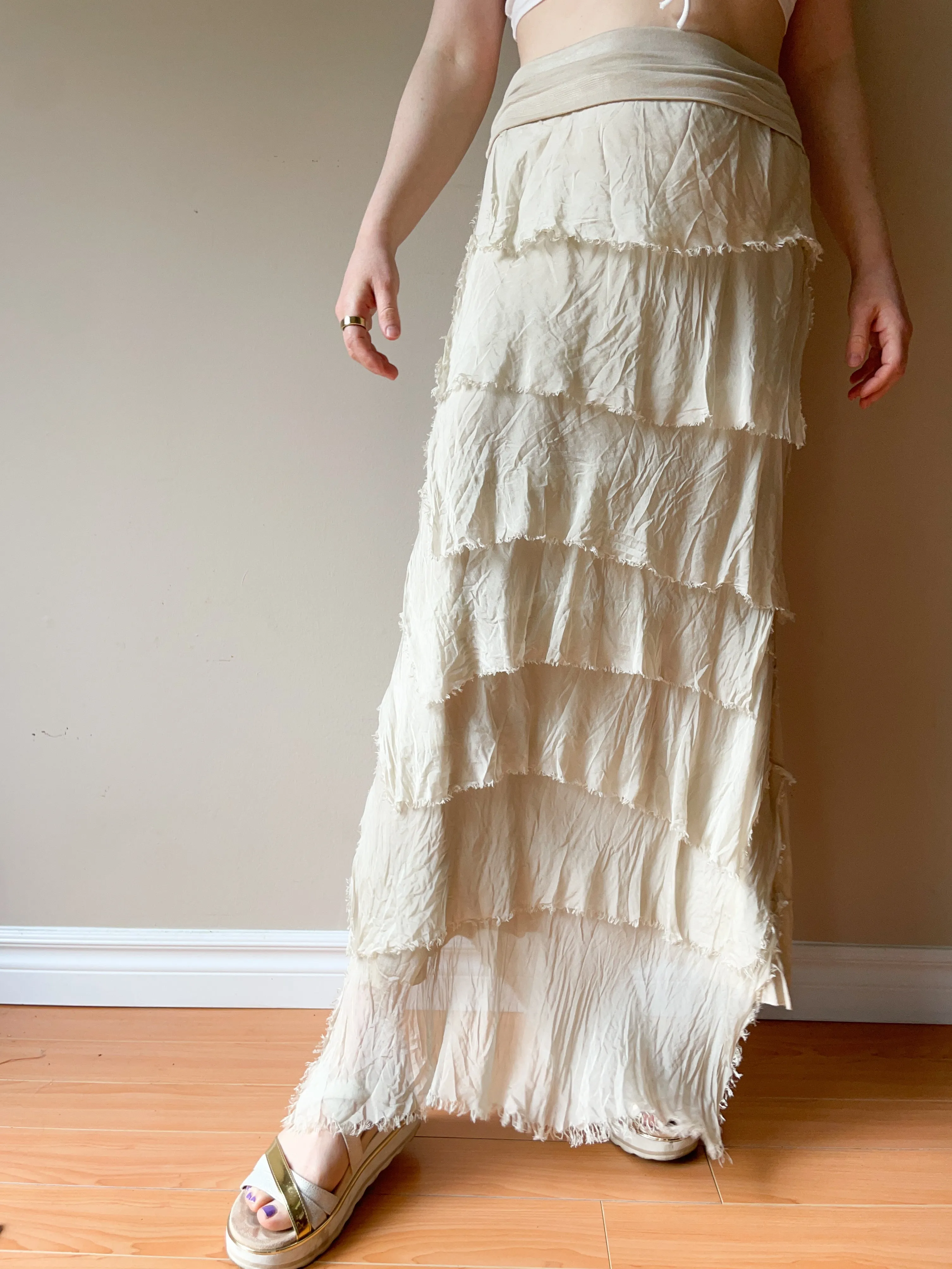 Beige Raw Fringe 100% Silk Maxi Skirt - S/M