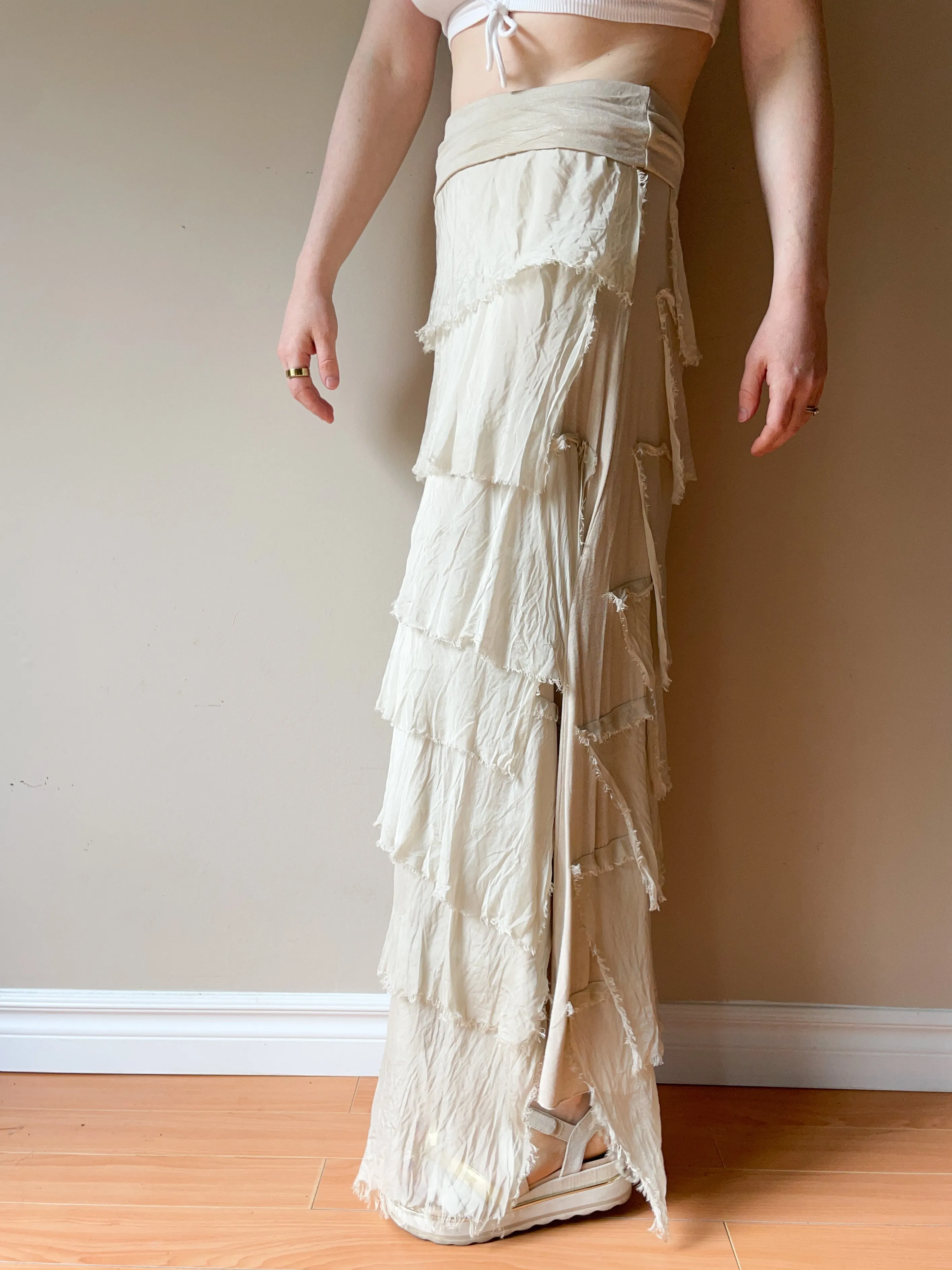 Beige Raw Fringe 100% Silk Maxi Skirt - S/M