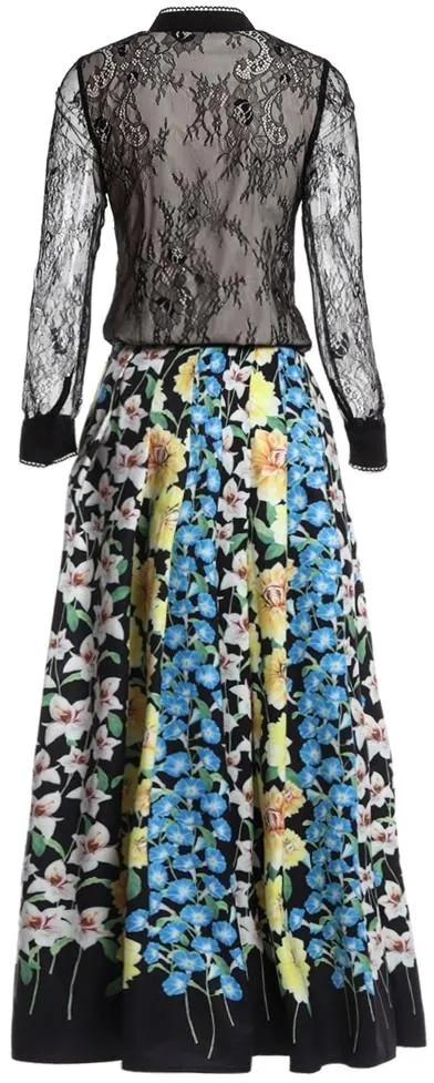 Bird-Embroidered Lace Top & Floral Print Maxi Skirt Set