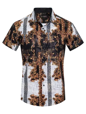 Black and white Men's Multi Color Summer Short Sleeve Shirt Greek Key Style No: FLS-2588