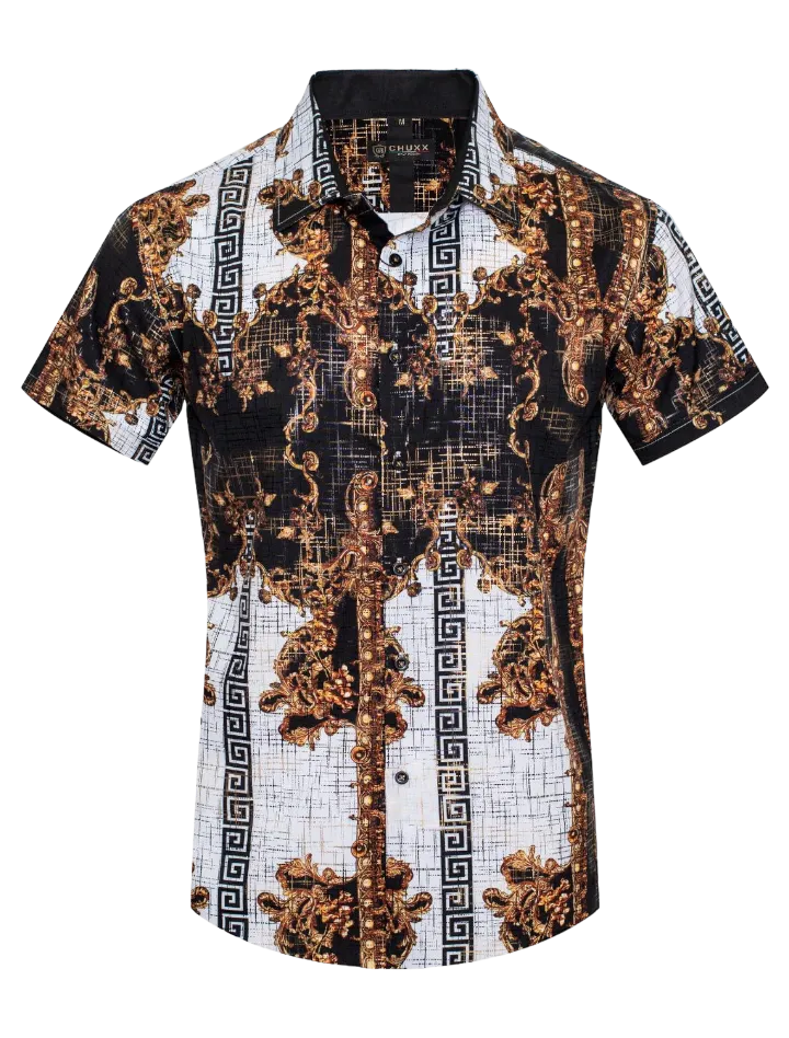 Black and white Men's Multi Color Summer Short Sleeve Shirt Greek Key Style No: FLS-2588