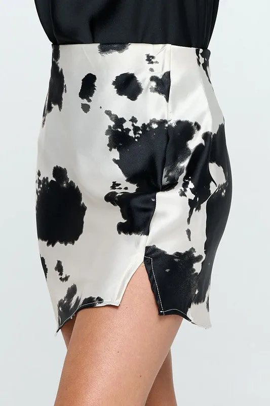 Black and White Mini Skirt with Slit New Women's Fashion Cow Print Satin Skirt KESLEY