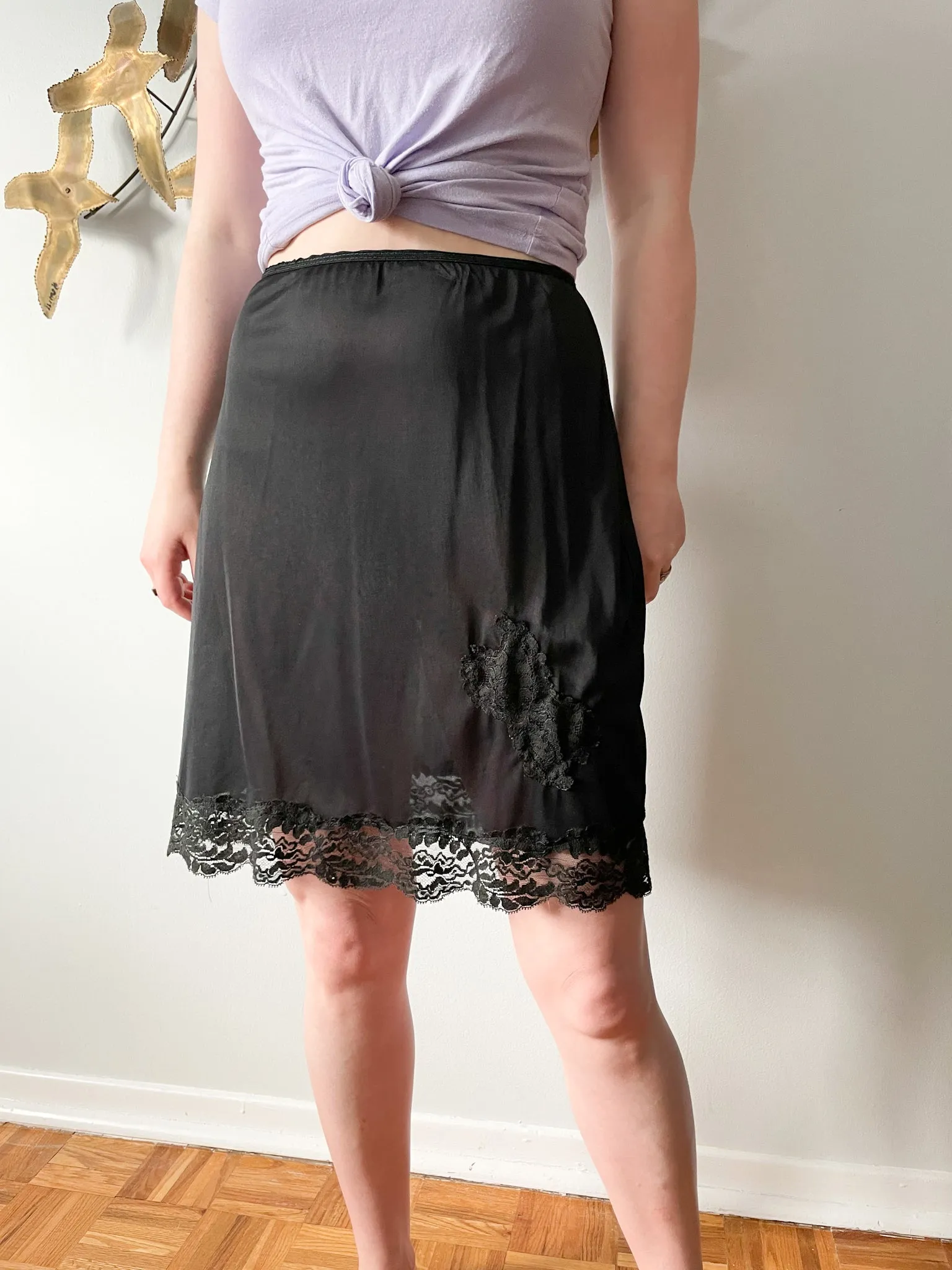 Black Lace Trimmed Slip Skirt - Small