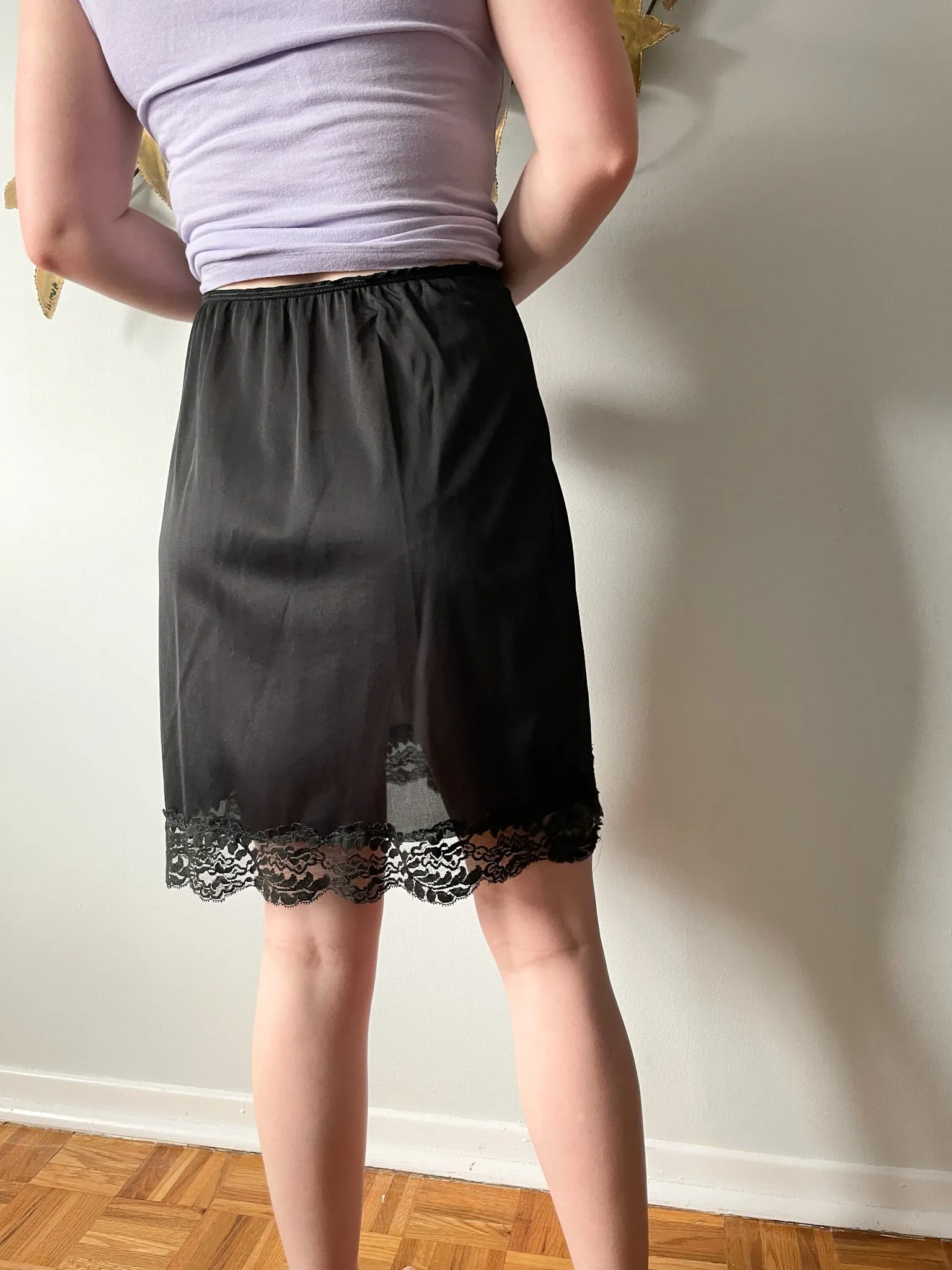 Black Lace Trimmed Slip Skirt - Small