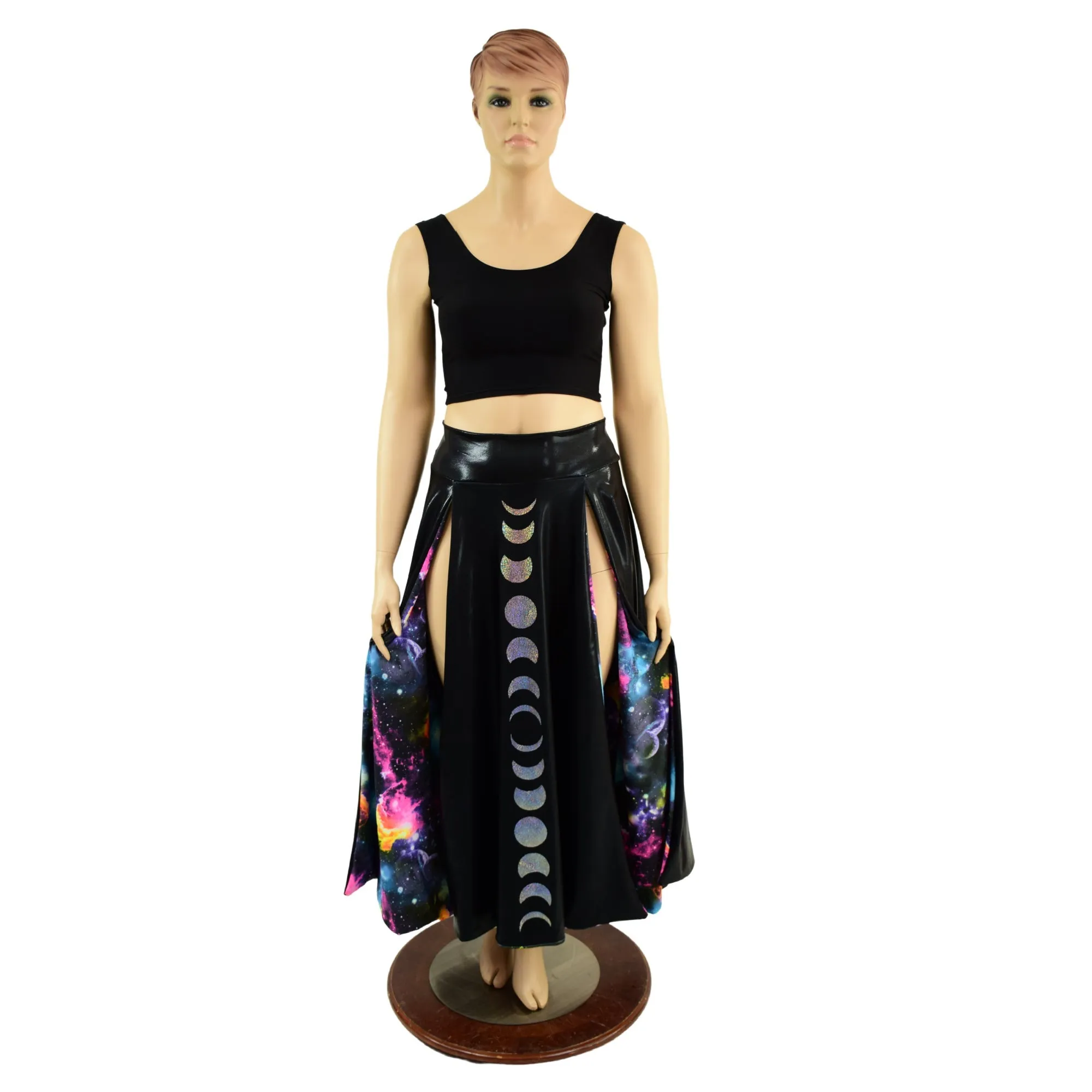 Black Mystique Double Split Skirt with Moon Phases and Galaxy Lining