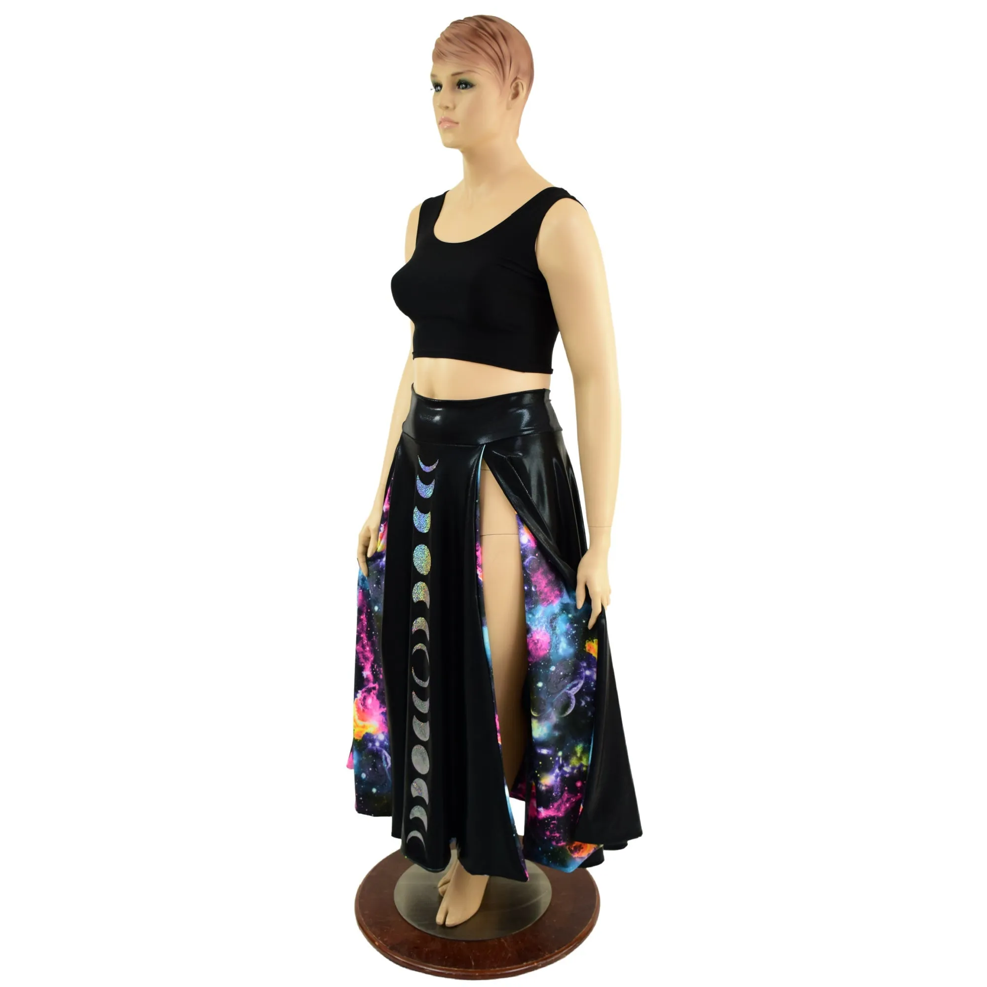 Black Mystique Double Split Skirt with Moon Phases and Galaxy Lining