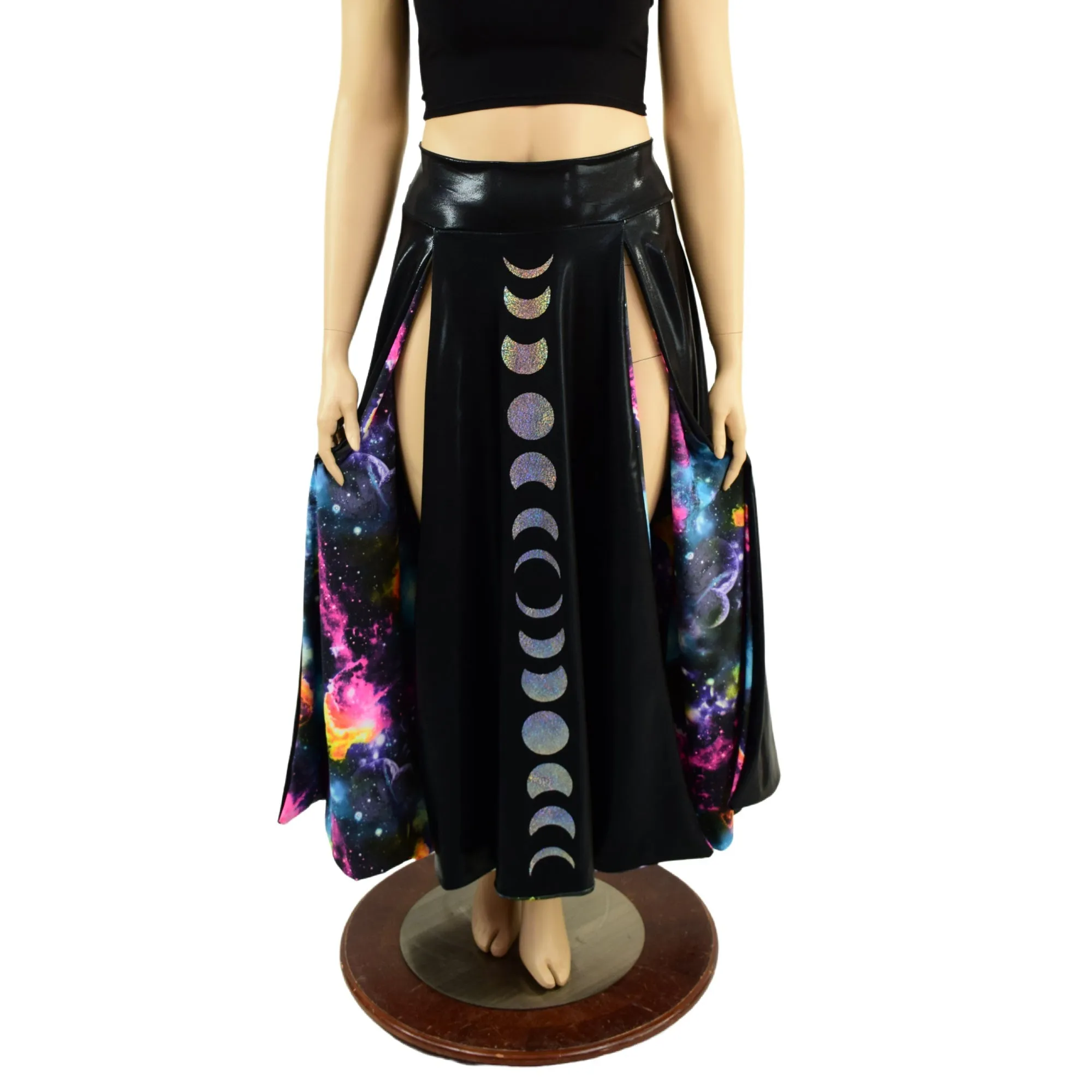 Black Mystique Double Split Skirt with Moon Phases and Galaxy Lining