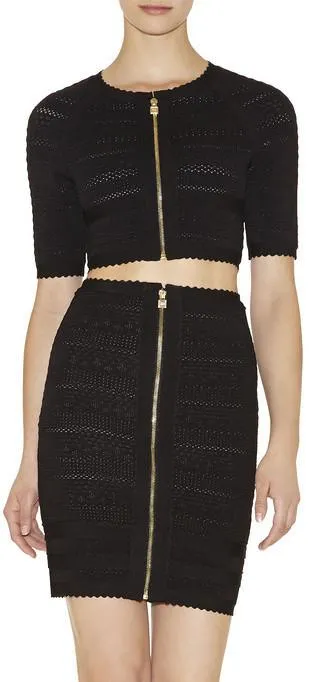 Black Paneled Stretch Zip Crop Top & Skirt Set