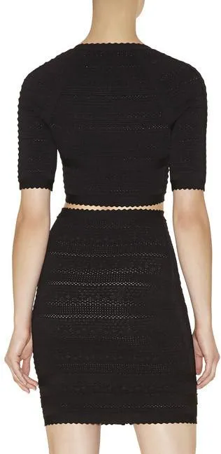 Black Paneled Stretch Zip Crop Top & Skirt Set