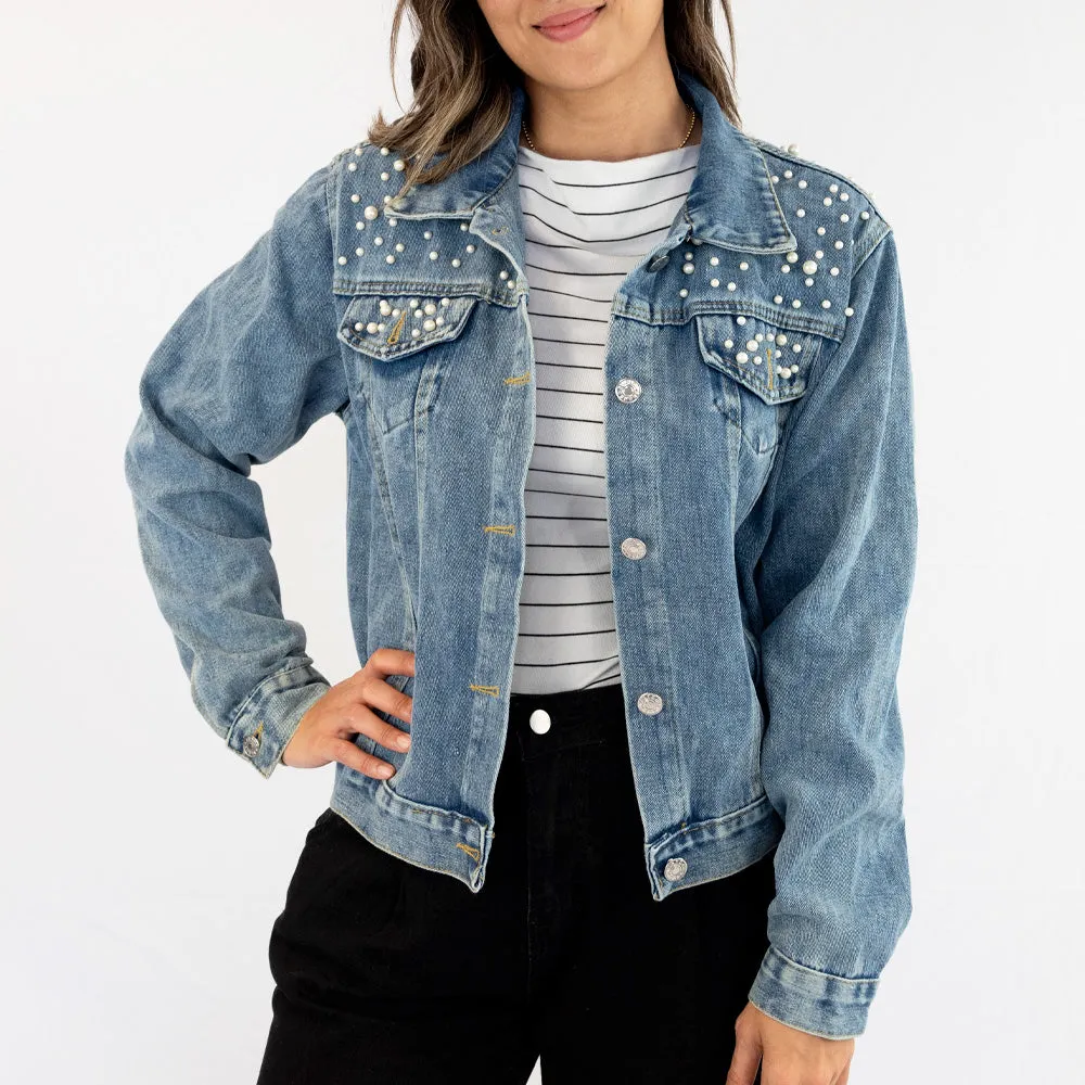 (Black Pearl) Rhinestone Bride Patch Denim Jacket