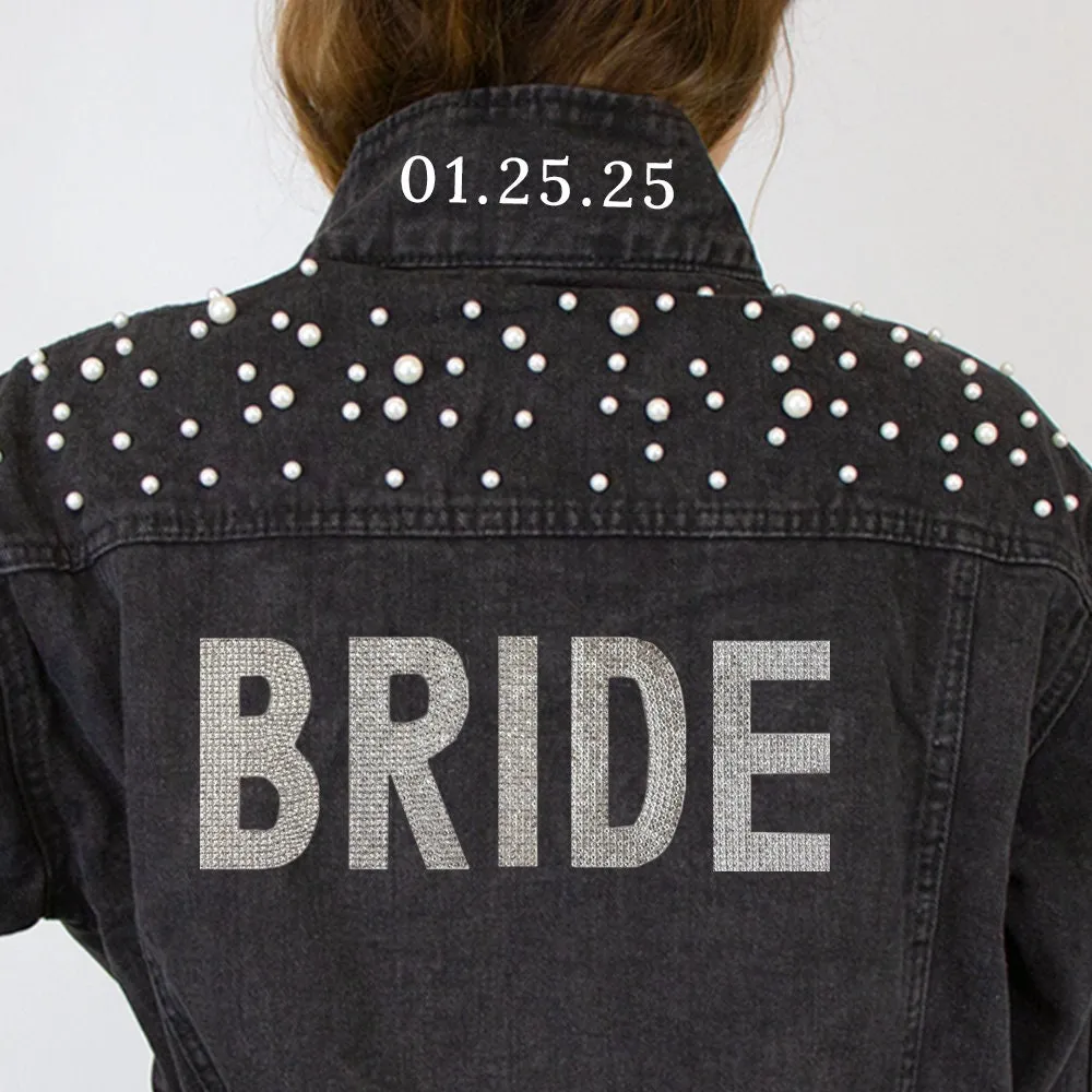 (Black Pearl) Rhinestone Bride Patch Denim Jacket