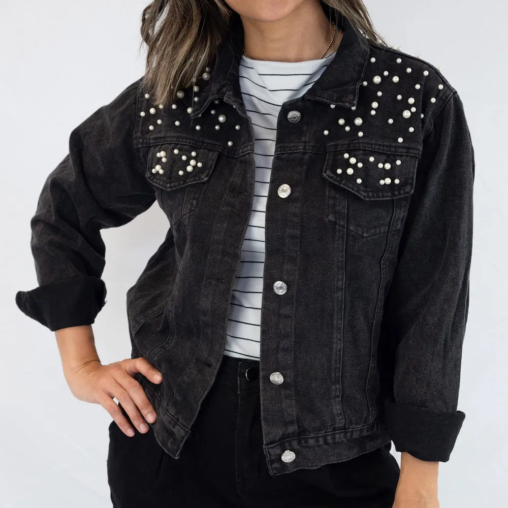 (Black Pearl) Rhinestone Bride Patch Denim Jacket