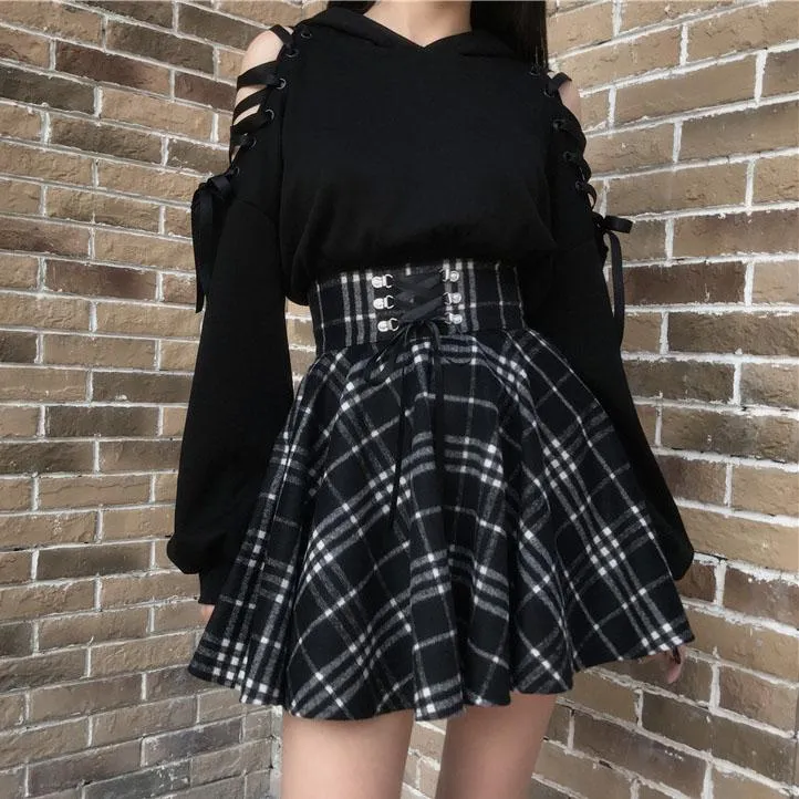 Black White Plaid Pleated Skirt