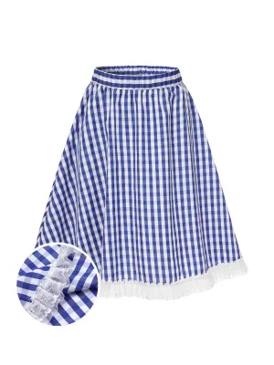 Blue & White 1950s Lace Patchwork Plaid Skirt