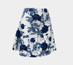 Blue Roses Print Flare Skirt