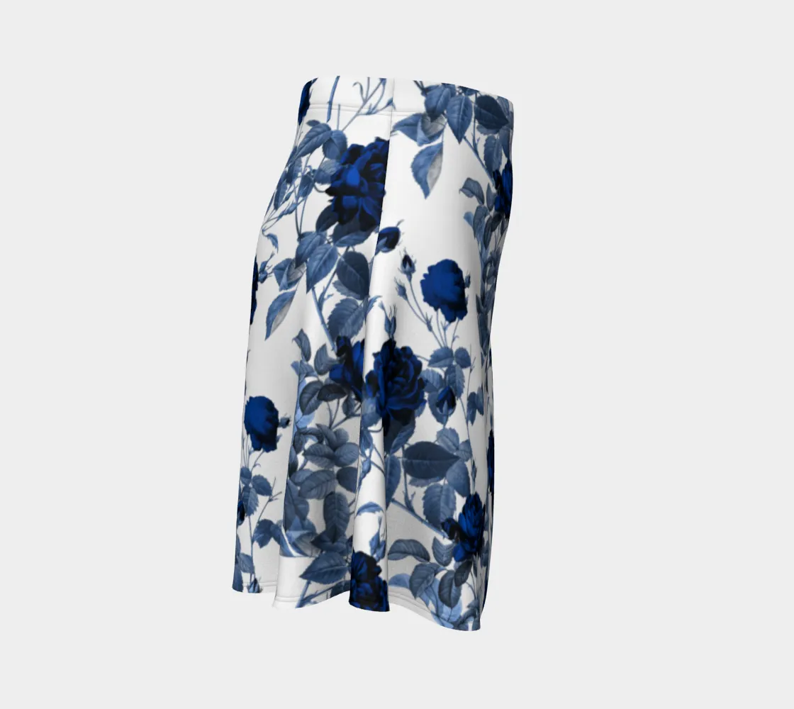 Blue Roses Print Flare Skirt