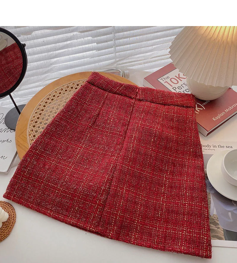 Bright silk tweed short skirt high waist A-line skirt  5311