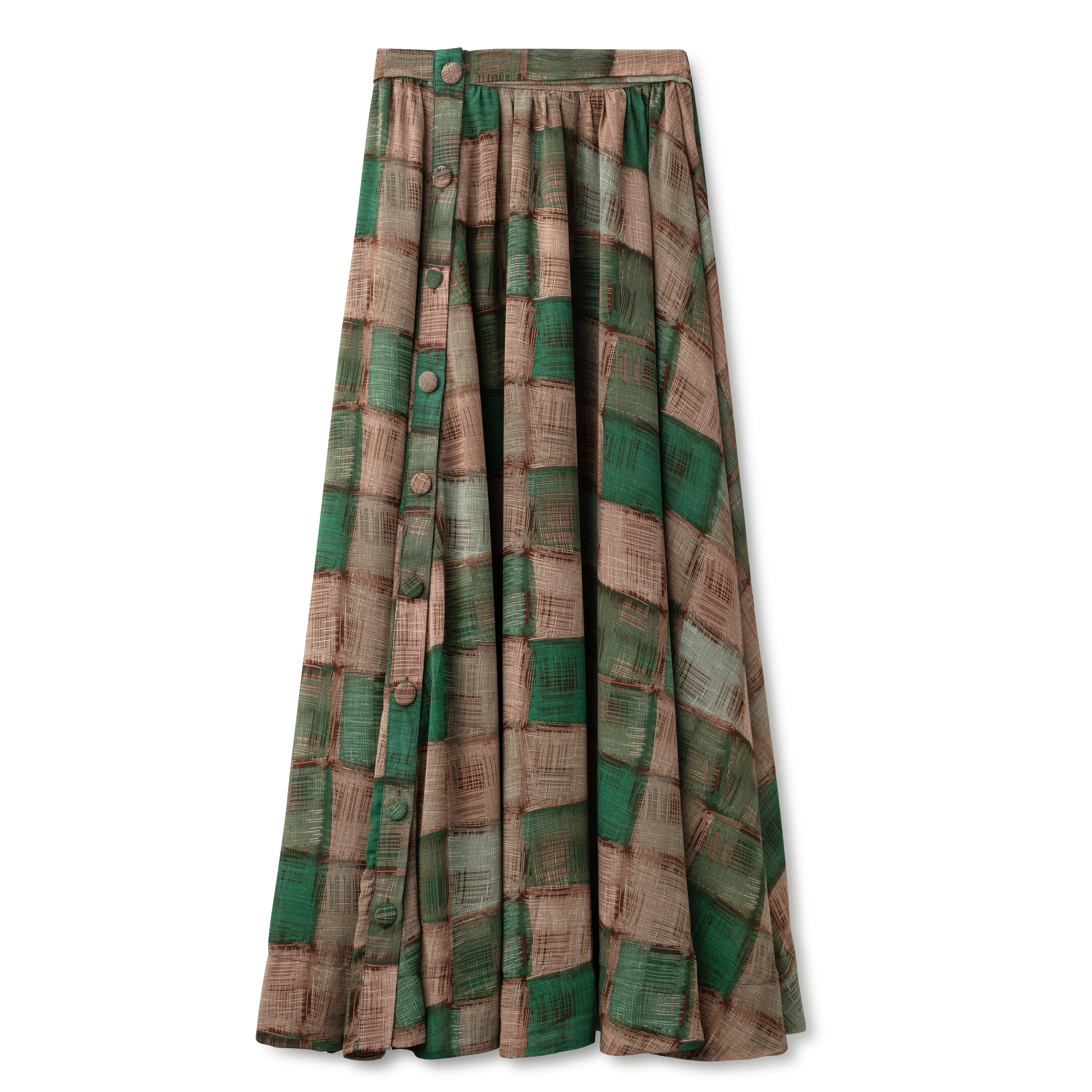 Button Down Plaid Print Skirt IN: Green Brown Plaid