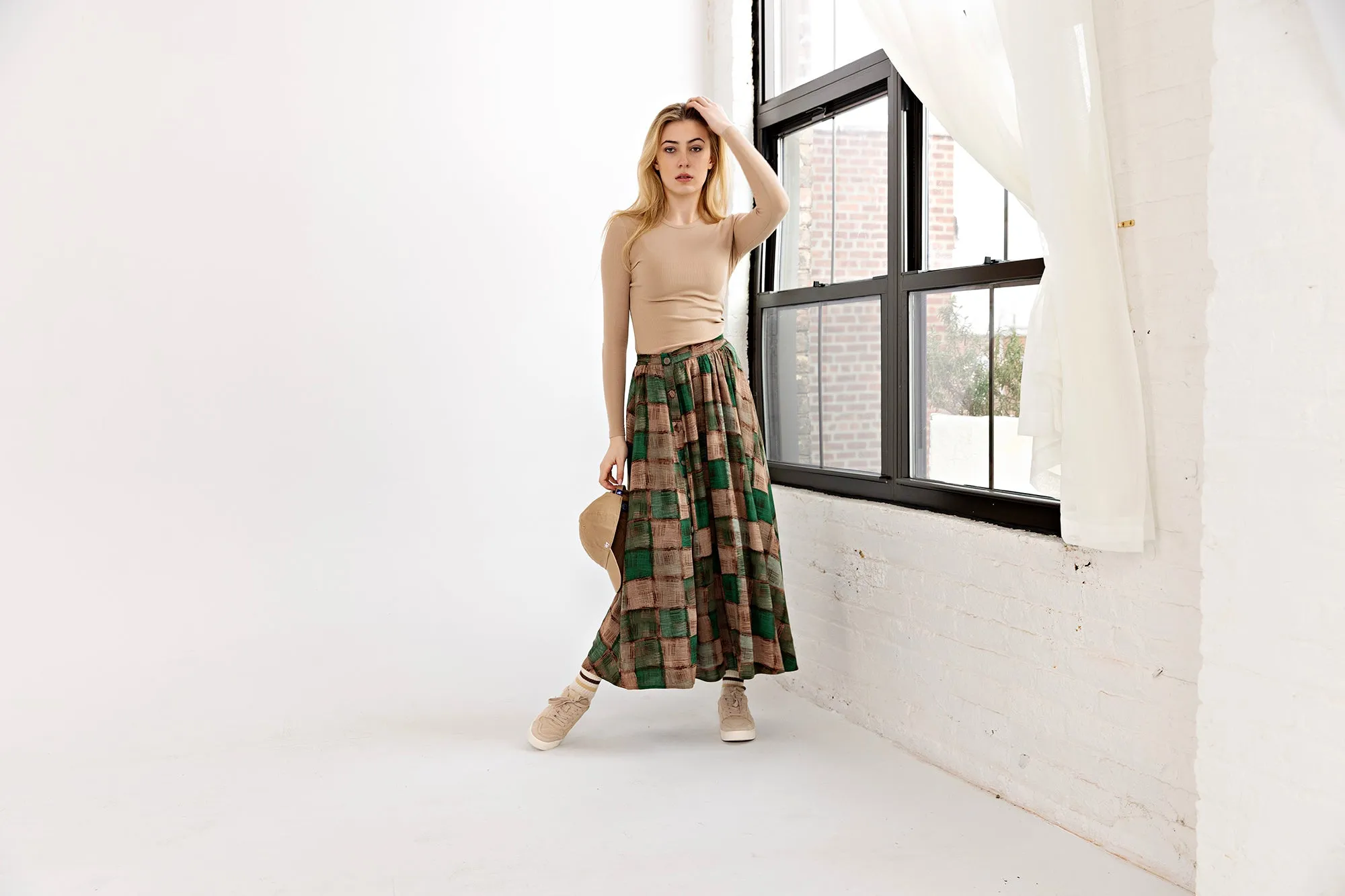 Button Down Plaid Print Skirt IN: Green Brown Plaid