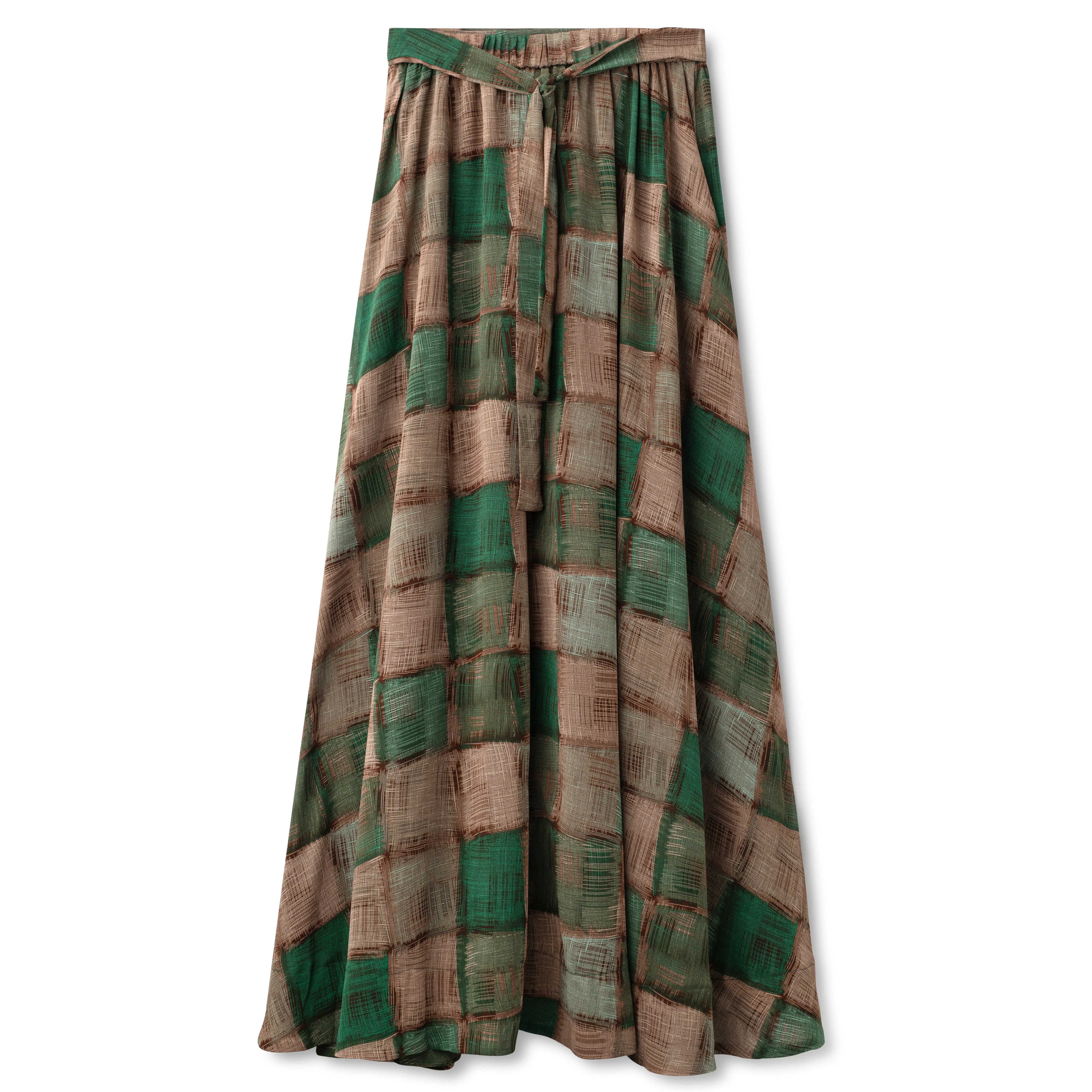 Button Down Plaid Print Skirt IN: Green Brown Plaid