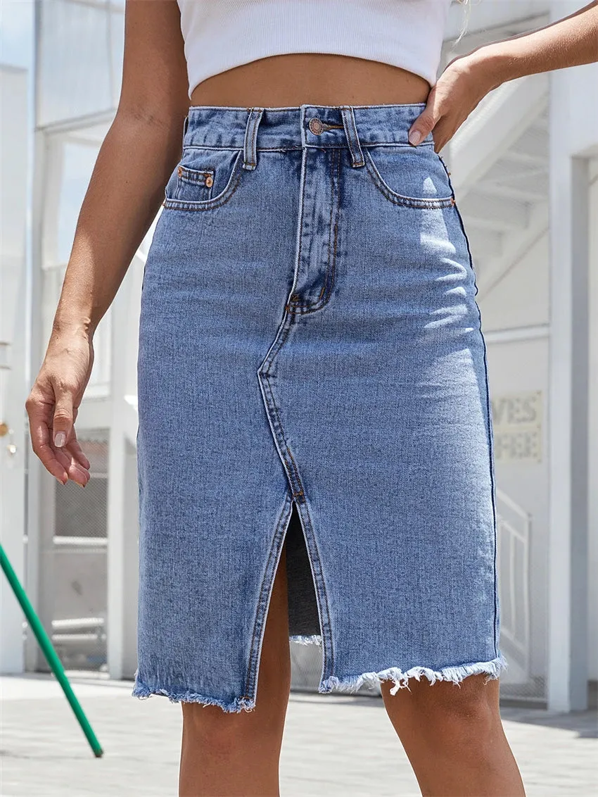 Casual Streetwear Blue Denim Pocketed Slim Midi Skirt Bottom