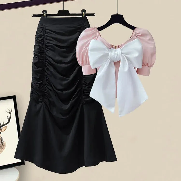 Chic Bowknot Puff Sleeve T-Shirt High Waist Ruffle Skirt