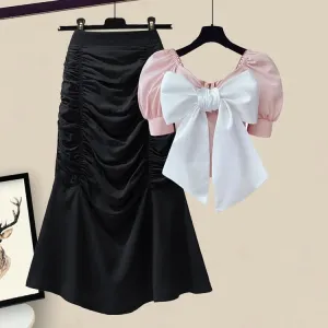 Chic Bowknot Puff Sleeve T-Shirt High Waist Ruffle Skirt